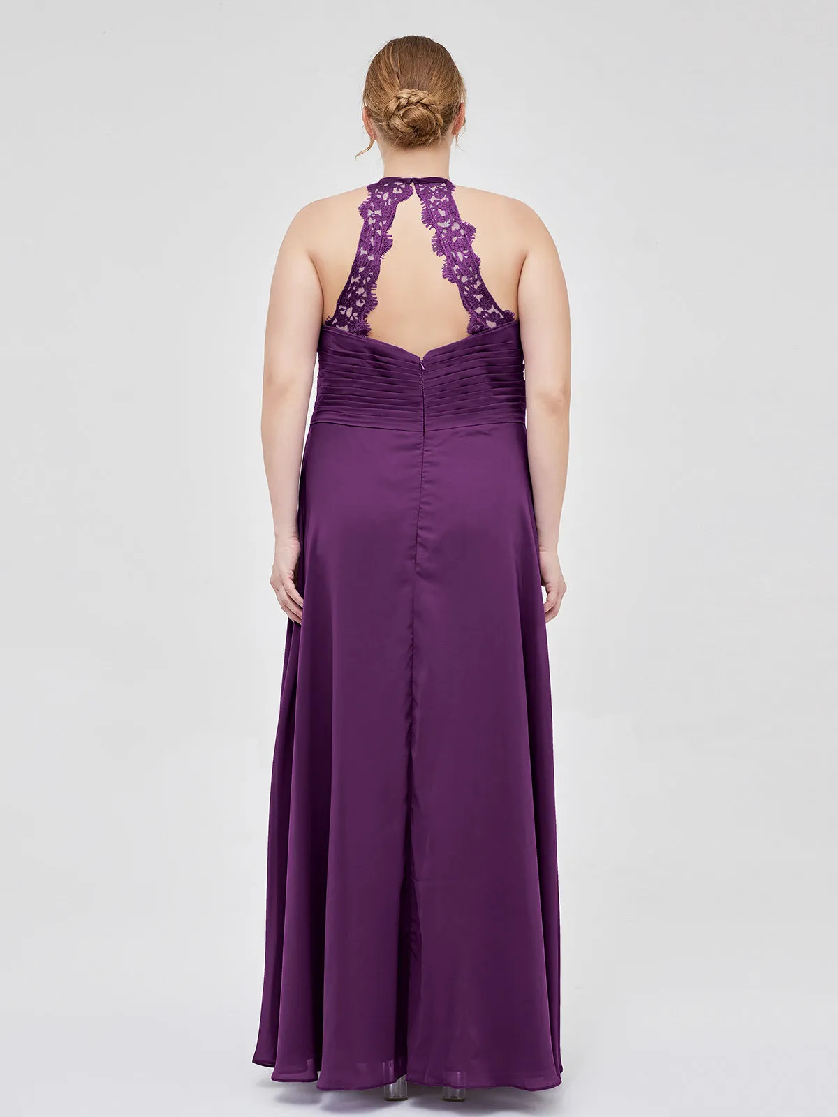 Halter Chiffon Long Gown With Lace Strap Grape
