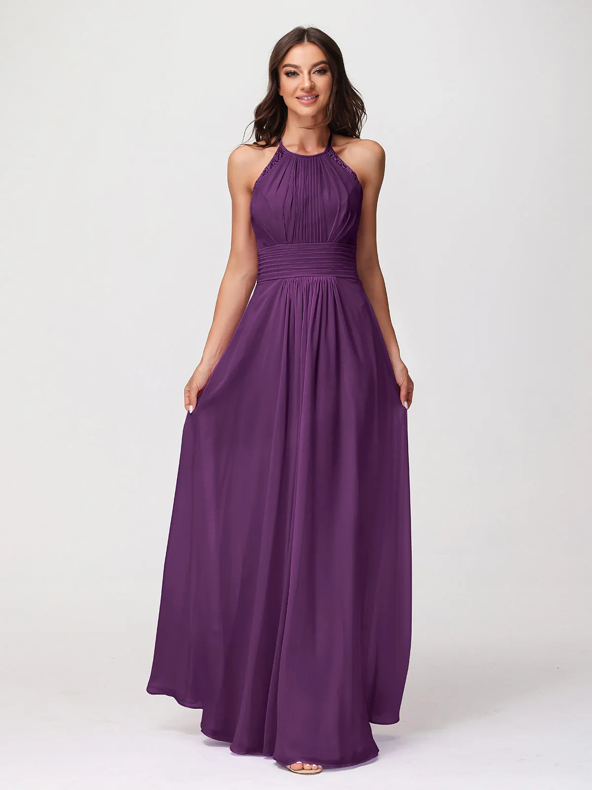 Halter Chiffon Long Gown With Lace Strap Grape