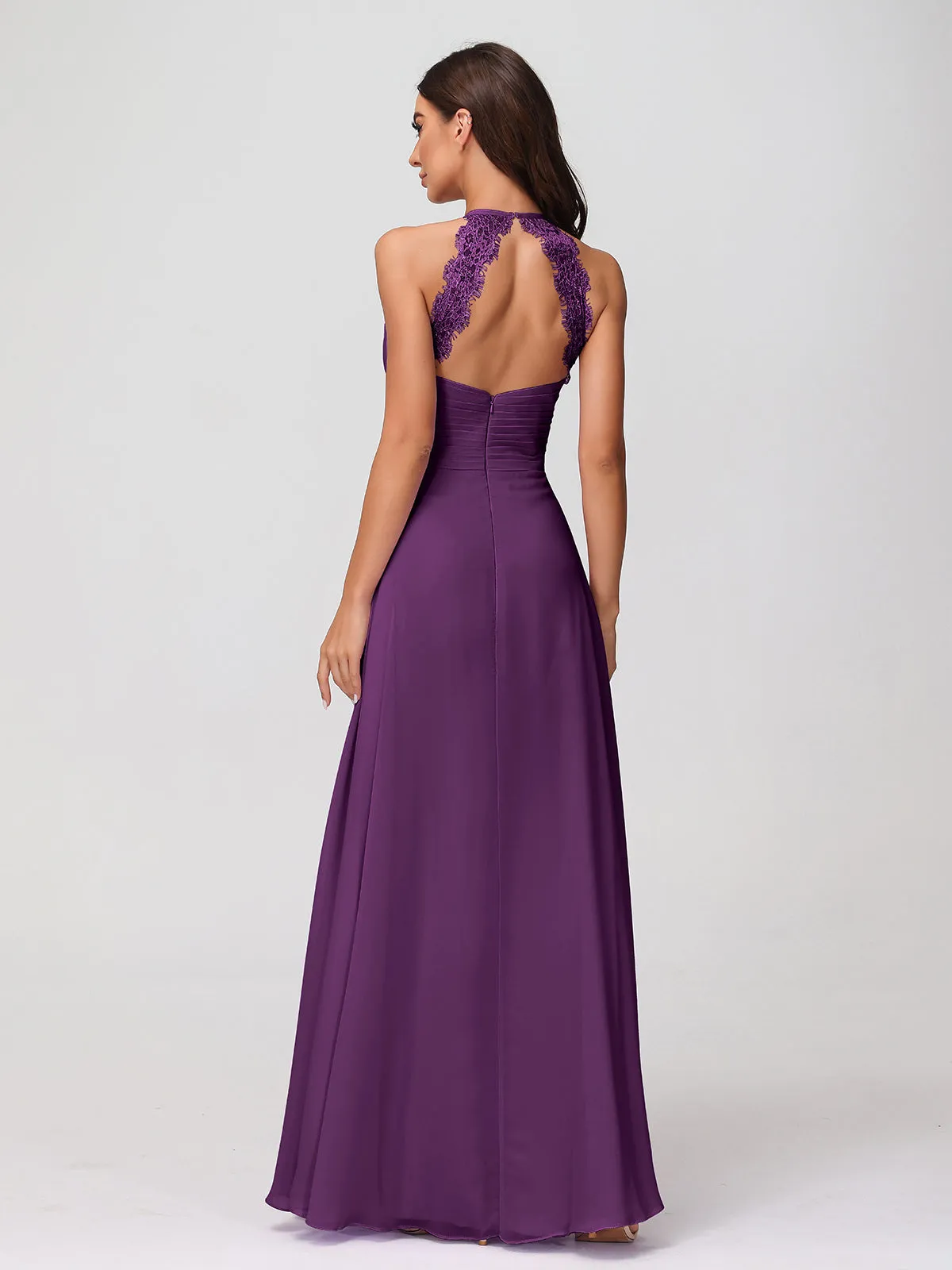 Halter Chiffon Long Gown With Lace Strap Grape