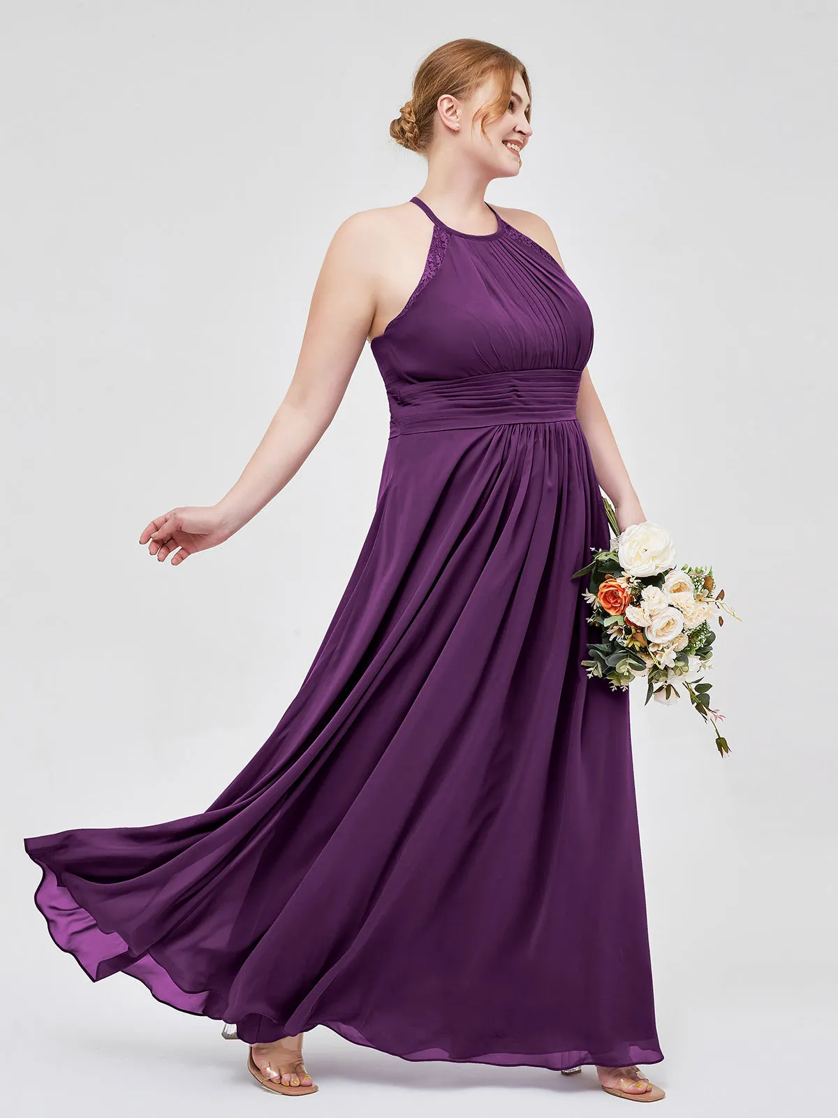 Halter Chiffon Long Gown With Lace Strap Grape