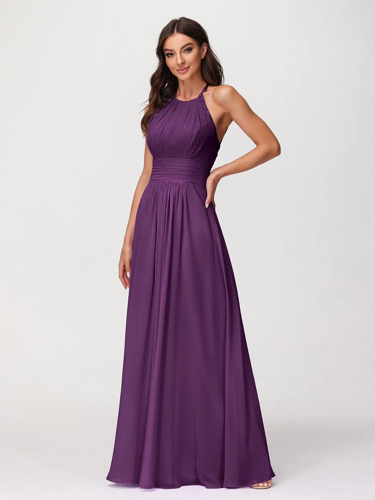 Halter Chiffon Long Gown With Lace Strap Grape