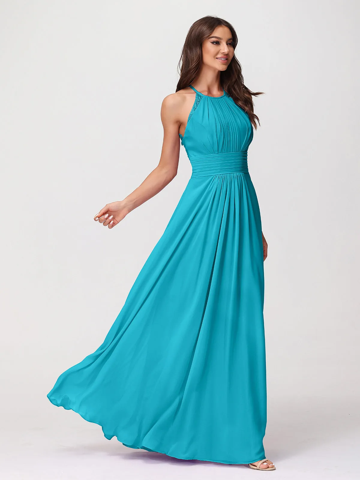 Halter Chiffon Long Gown With Lace Strap Jade