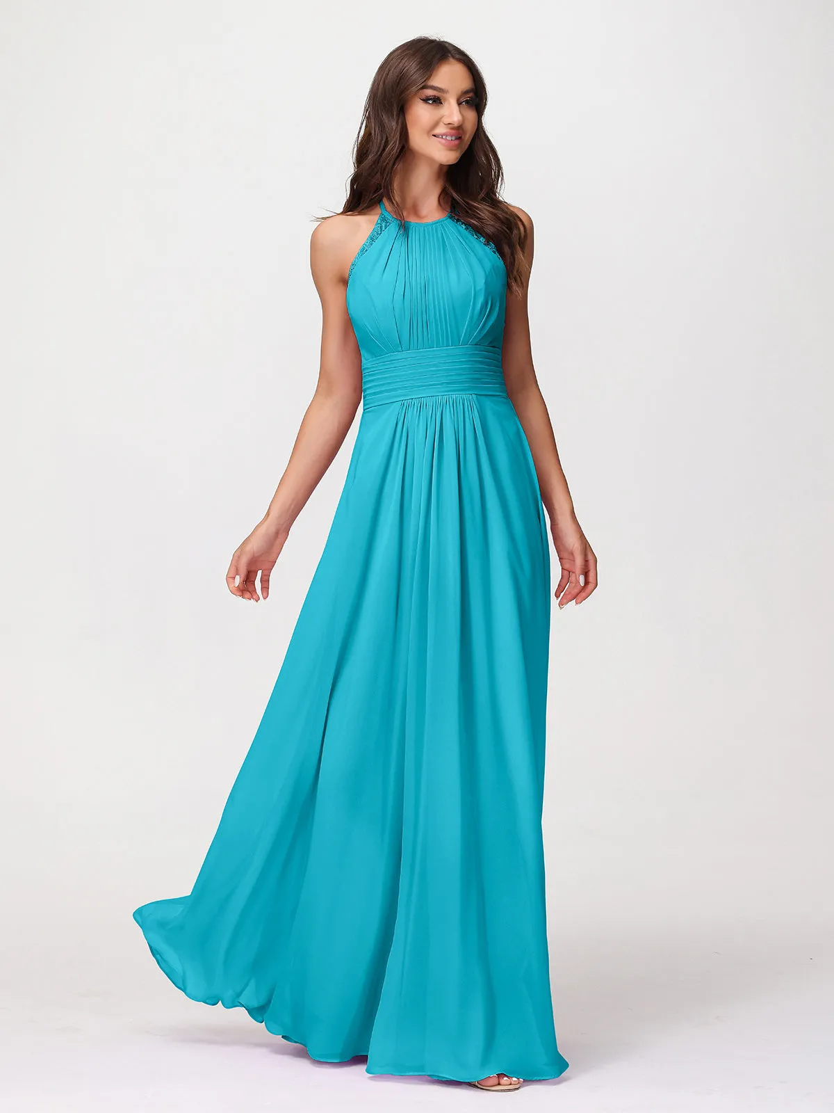 Halter Chiffon Long Gown With Lace Strap Jade