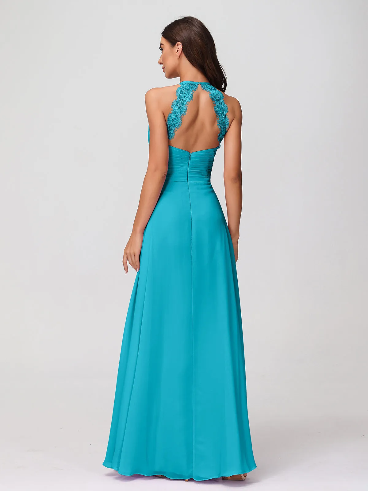 Halter Chiffon Long Gown With Lace Strap Jade