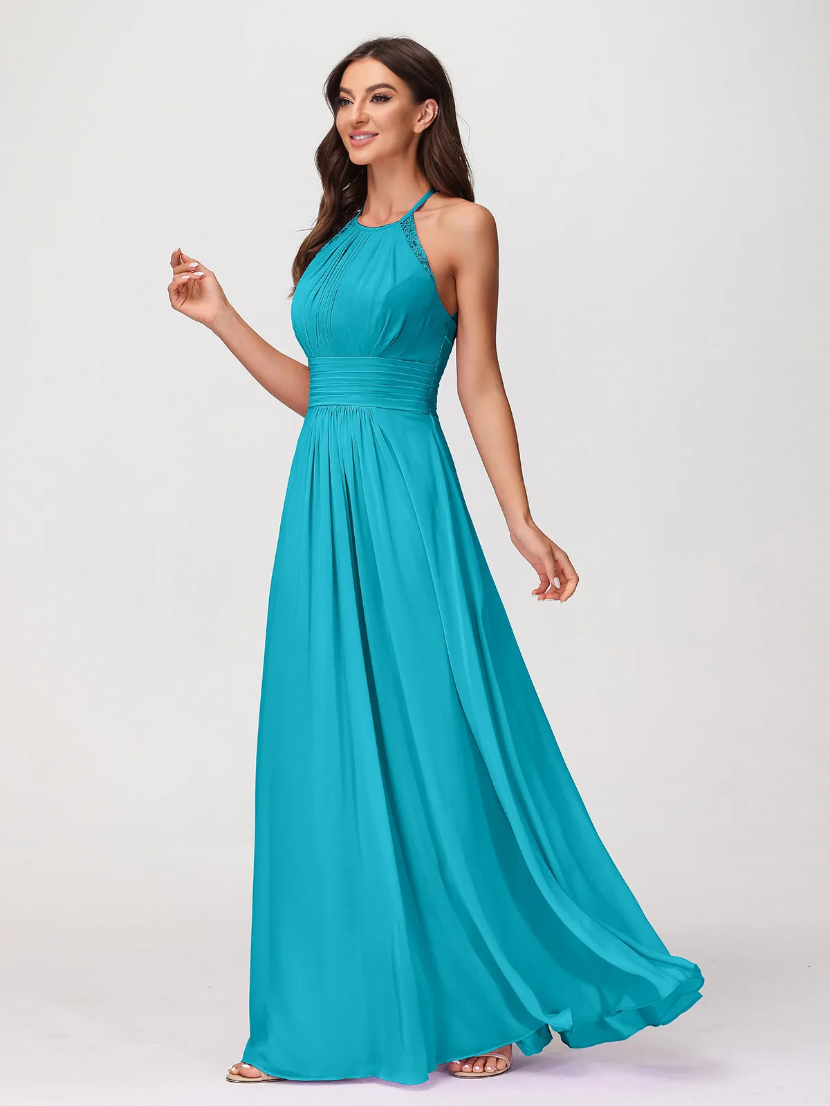 Halter Chiffon Long Gown With Lace Strap Jade