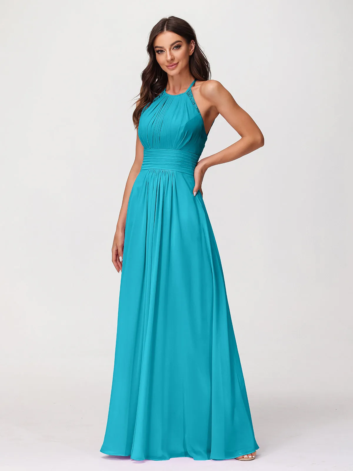 Halter Chiffon Long Gown With Lace Strap Jade