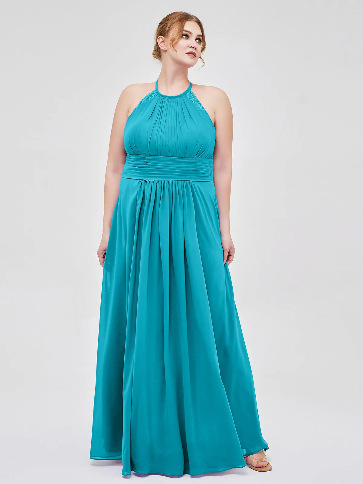 Halter Chiffon Long Gown With Lace Strap Jade