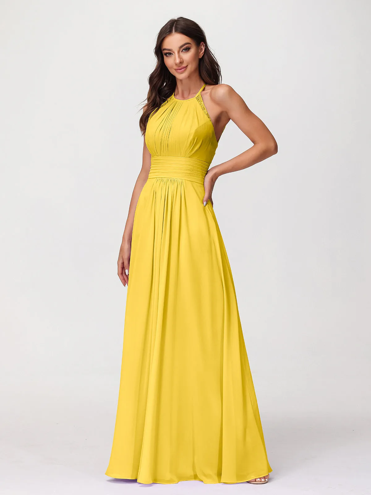 Halter Chiffon Long Gown With Lace Strap Marigold