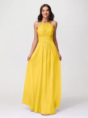 Halter Chiffon Long Gown With Lace Strap Marigold