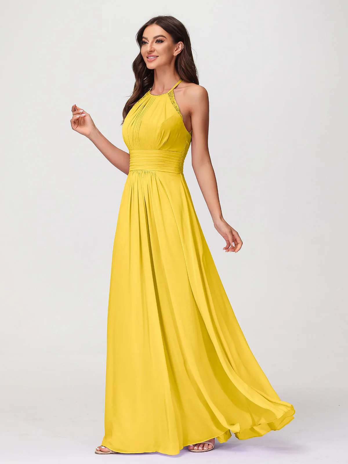 Halter Chiffon Long Gown With Lace Strap Marigold