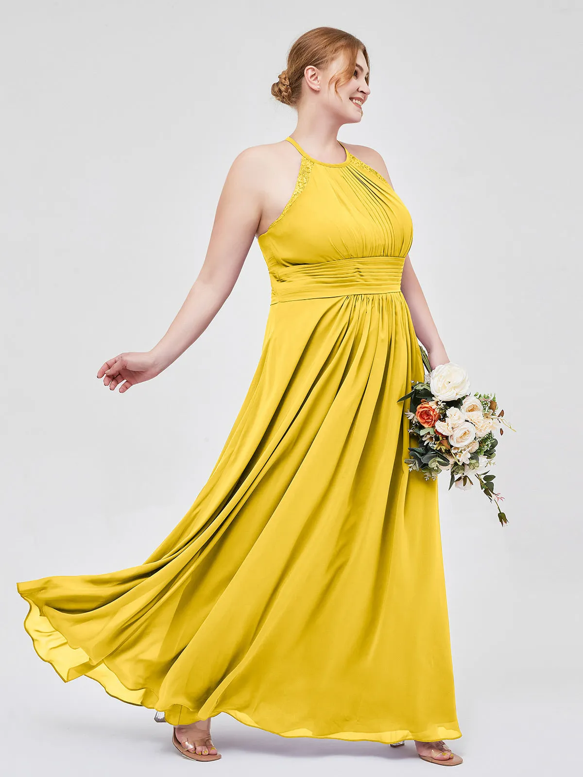 Halter Chiffon Long Gown With Lace Strap Marigold