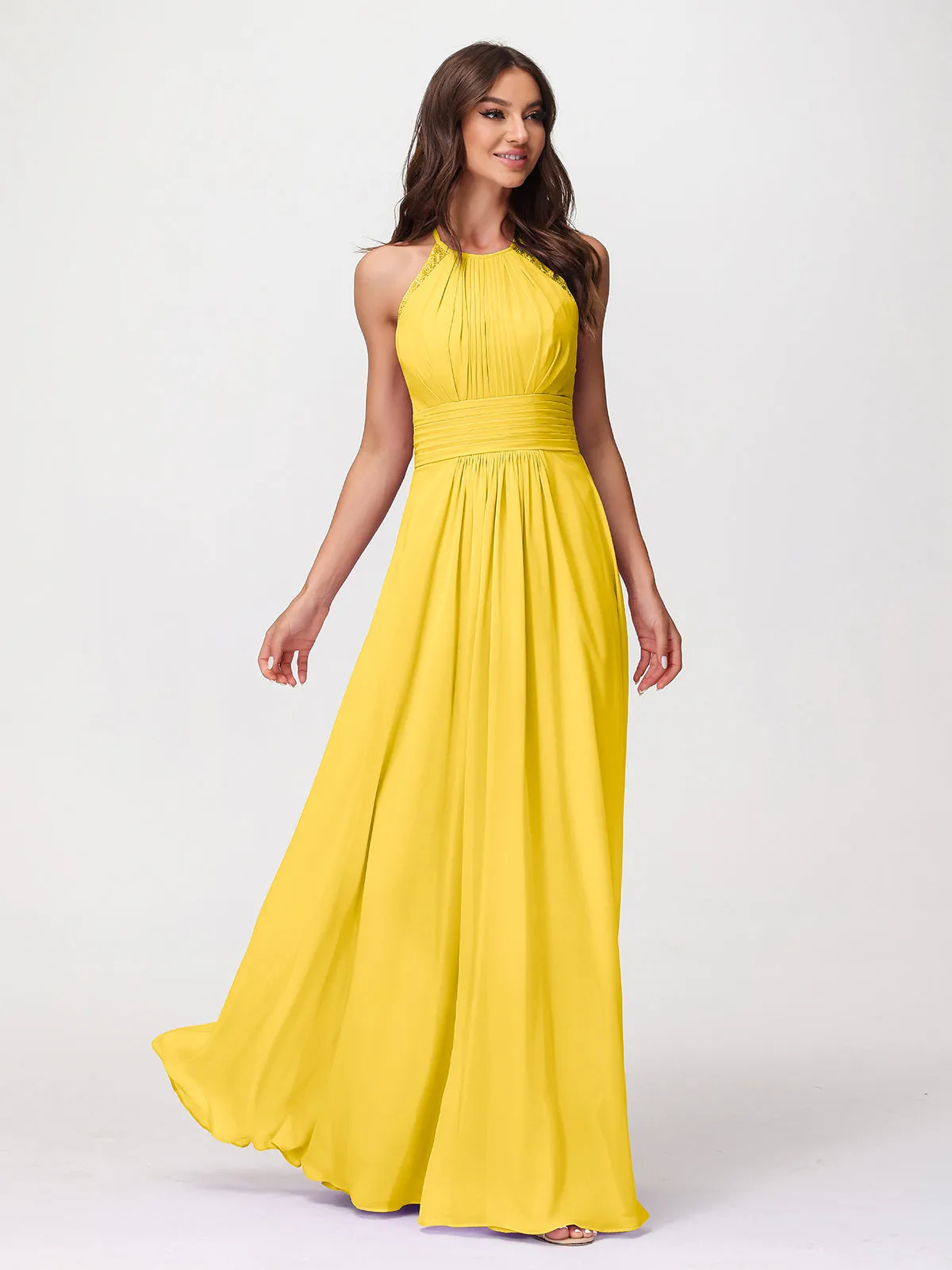 Halter Chiffon Long Gown With Lace Strap Marigold