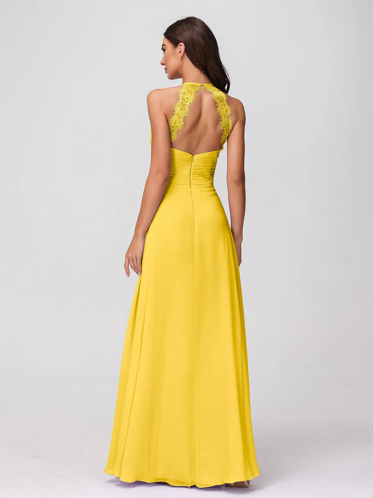Halter Chiffon Long Gown With Lace Strap Marigold