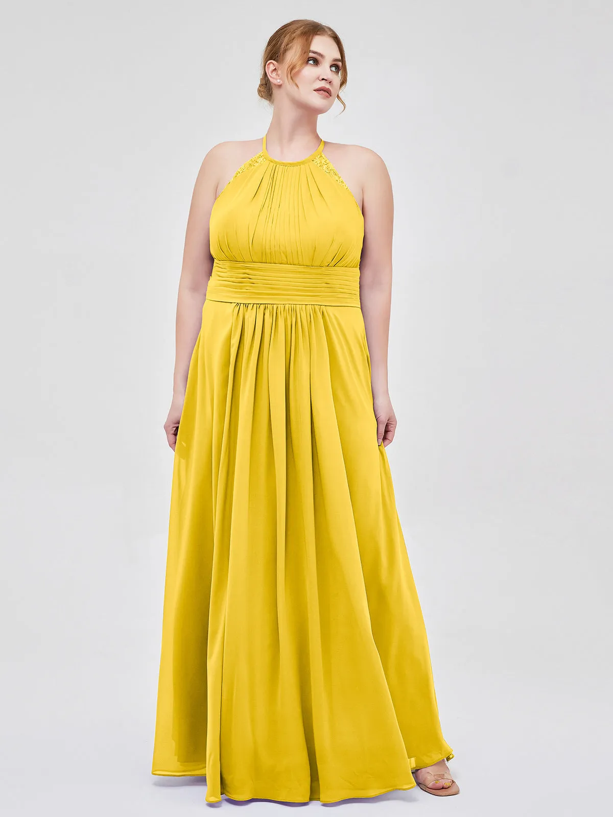 Halter Chiffon Long Gown With Lace Strap Marigold