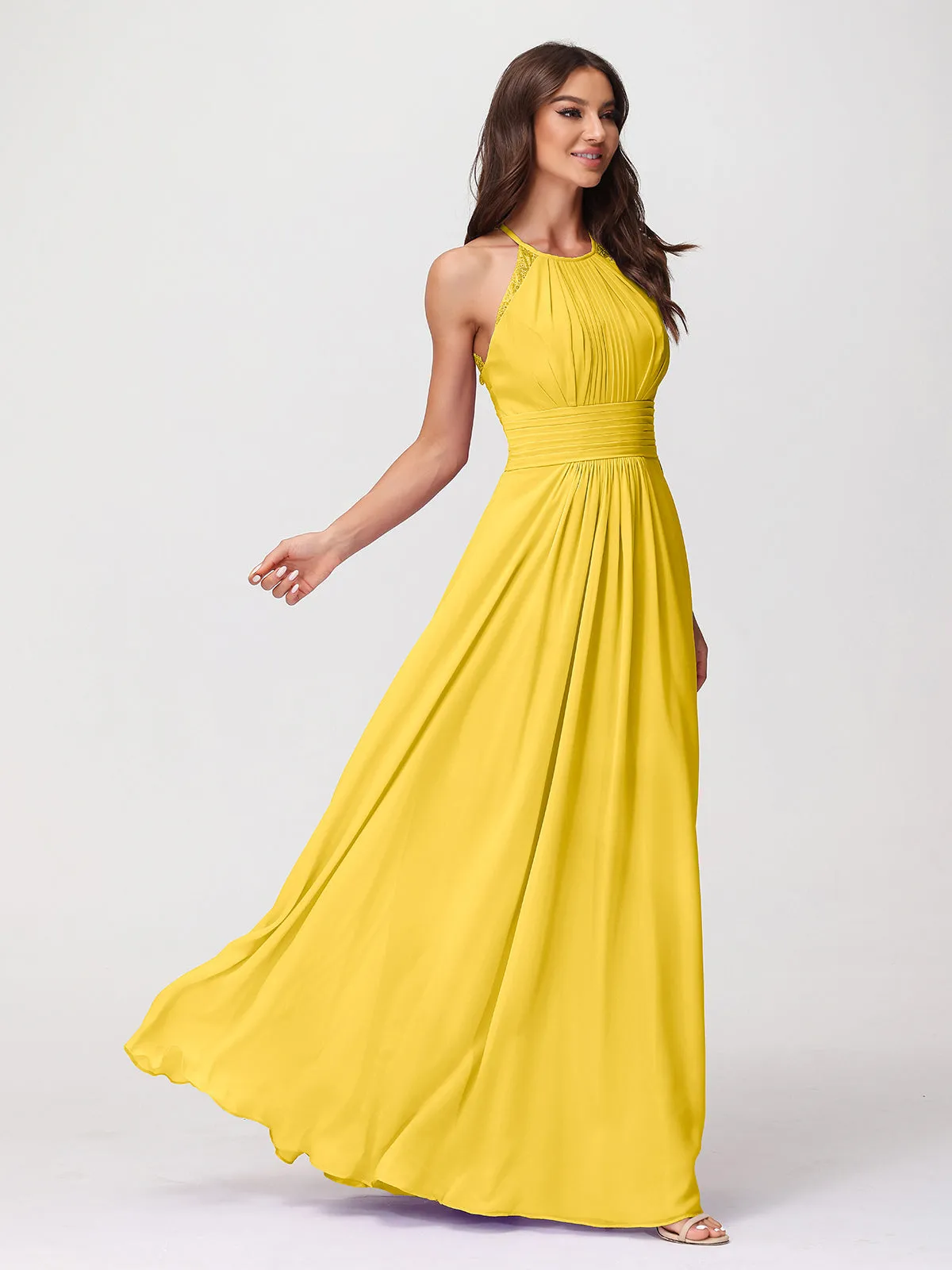 Halter Chiffon Long Gown With Lace Strap Marigold