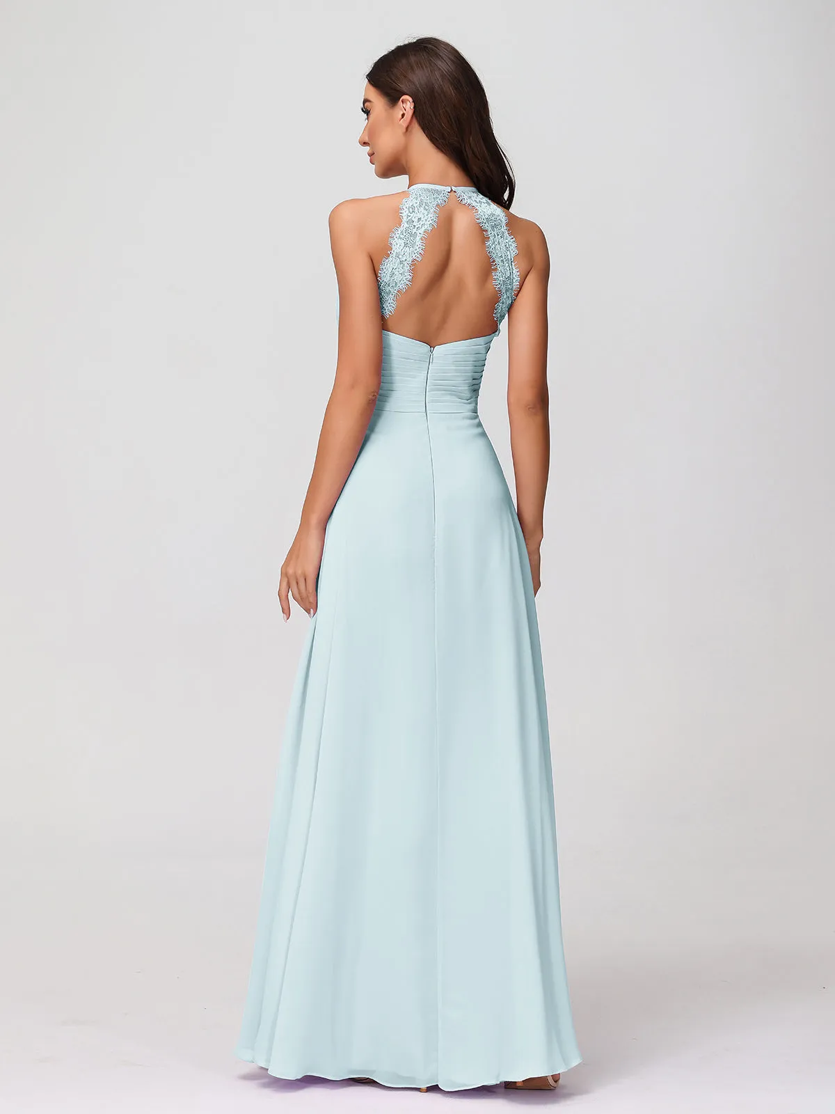 Halter Chiffon Long Gown With Lace Strap Mist