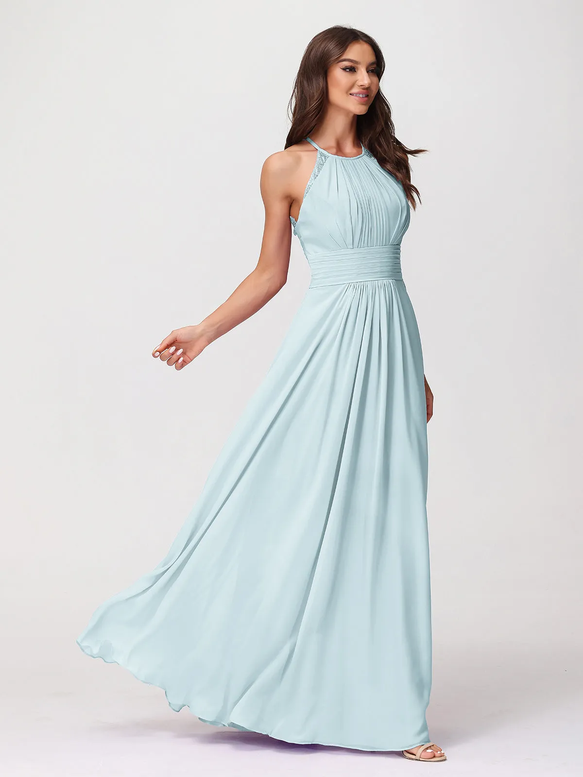 Halter Chiffon Long Gown With Lace Strap Mist