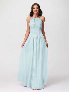 Halter Chiffon Long Gown With Lace Strap Mist
