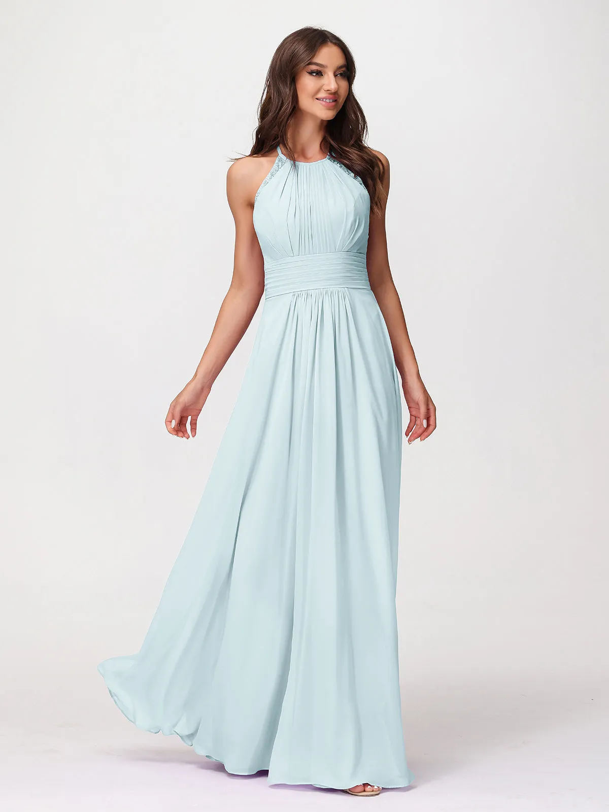 Halter Chiffon Long Gown With Lace Strap Mist