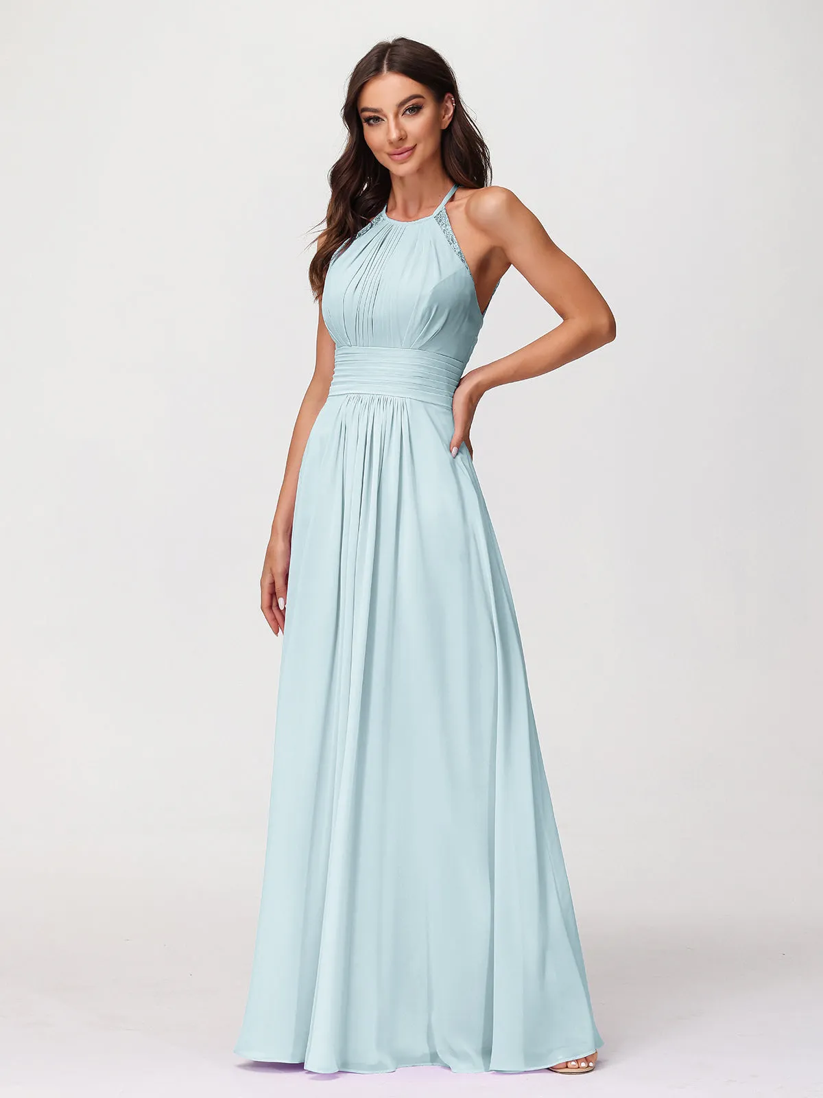 Halter Chiffon Long Gown With Lace Strap Mist