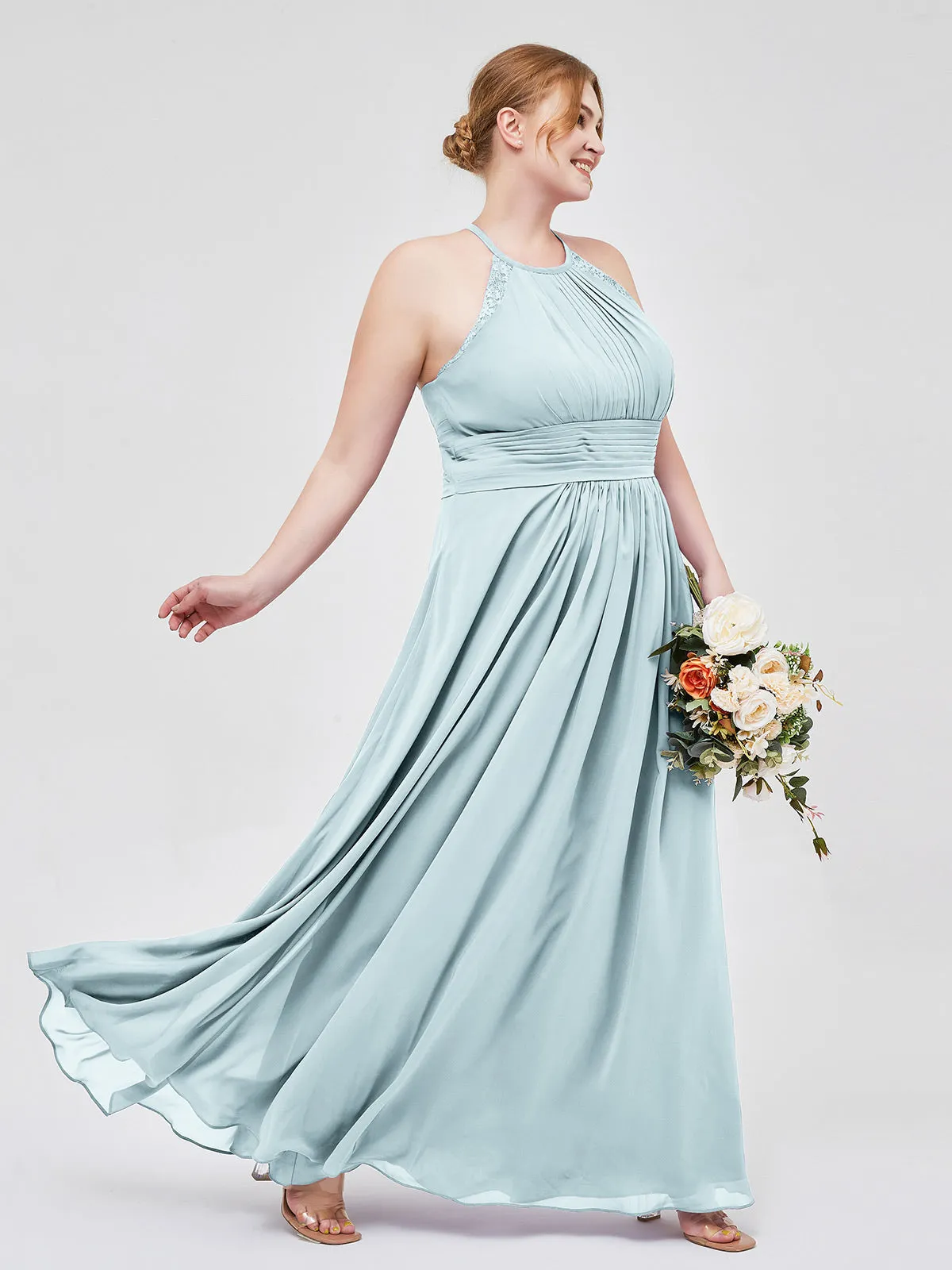 Halter Chiffon Long Gown With Lace Strap Mist
