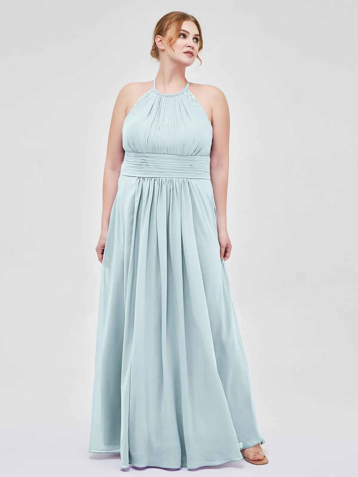 Halter Chiffon Long Gown With Lace Strap Mist