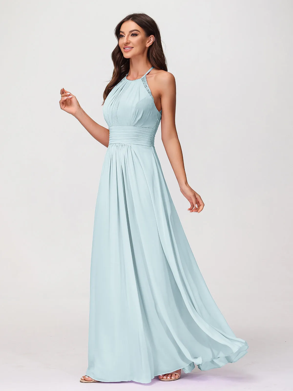 Halter Chiffon Long Gown With Lace Strap Mist