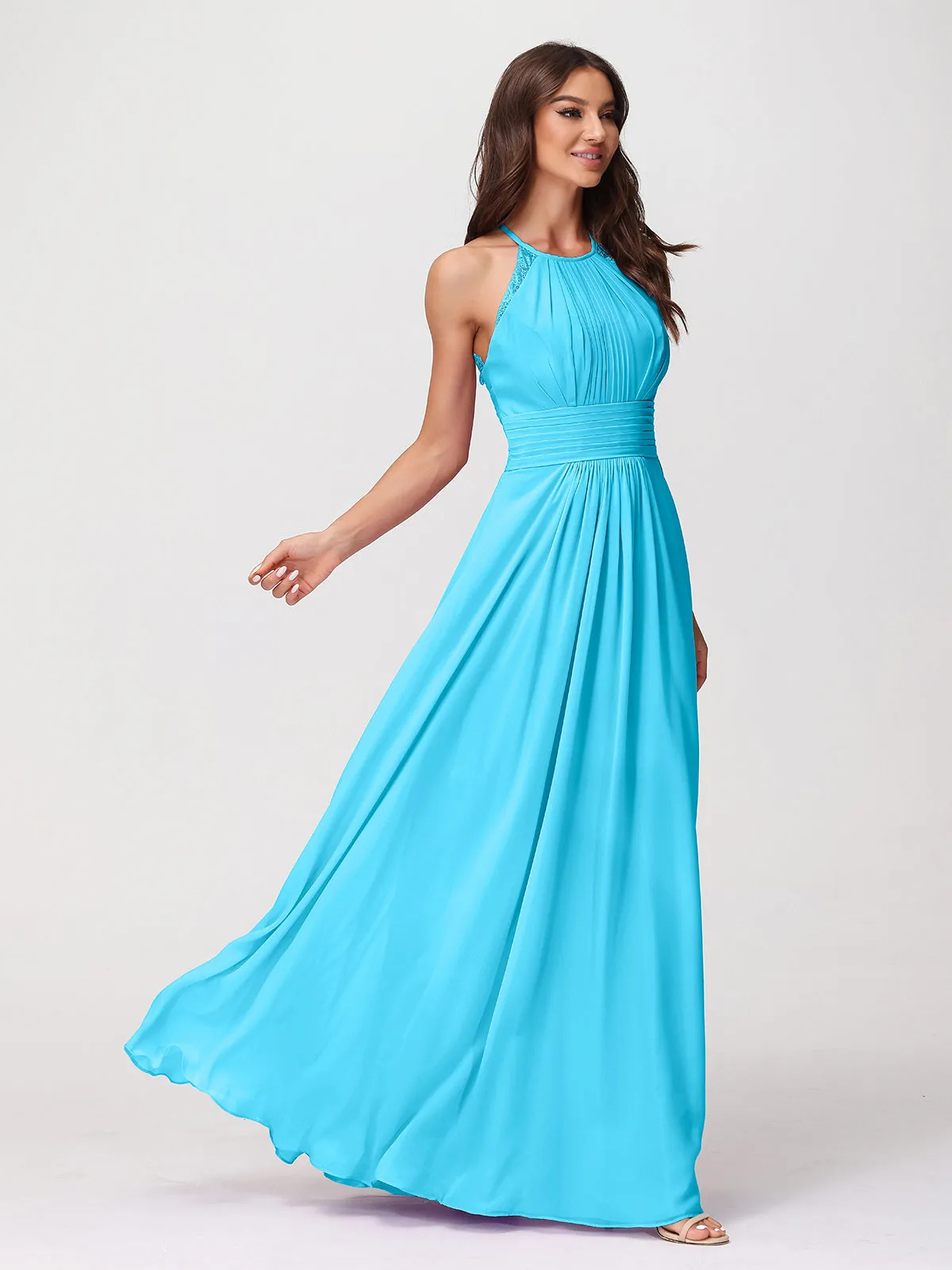 Halter Chiffon Long Gown With Lace Strap Pool