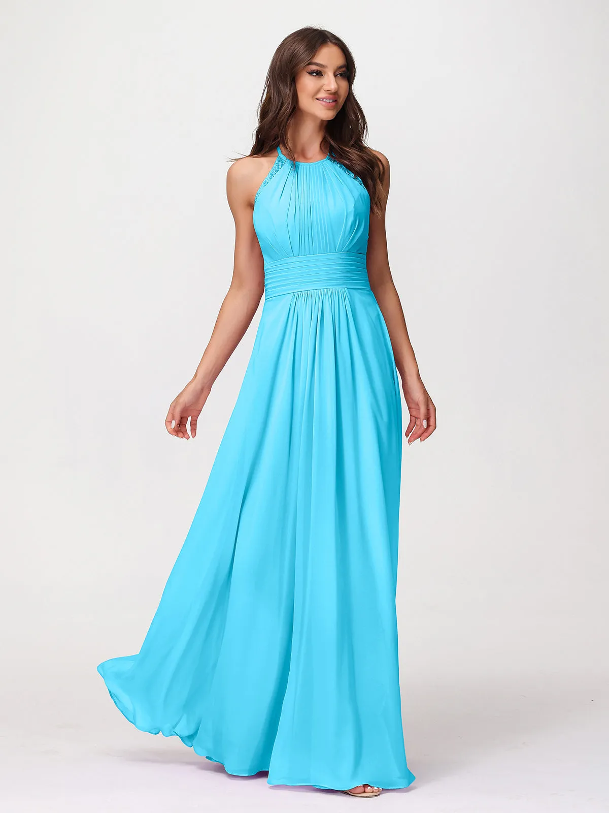Halter Chiffon Long Gown With Lace Strap Pool