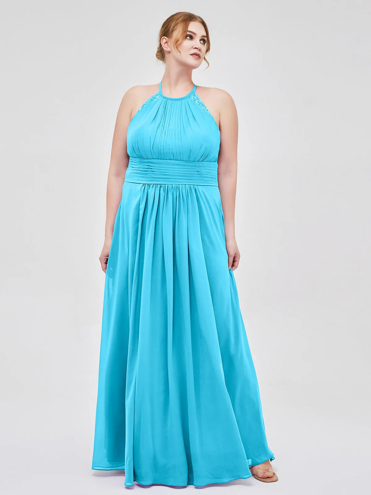 Halter Chiffon Long Gown With Lace Strap Pool