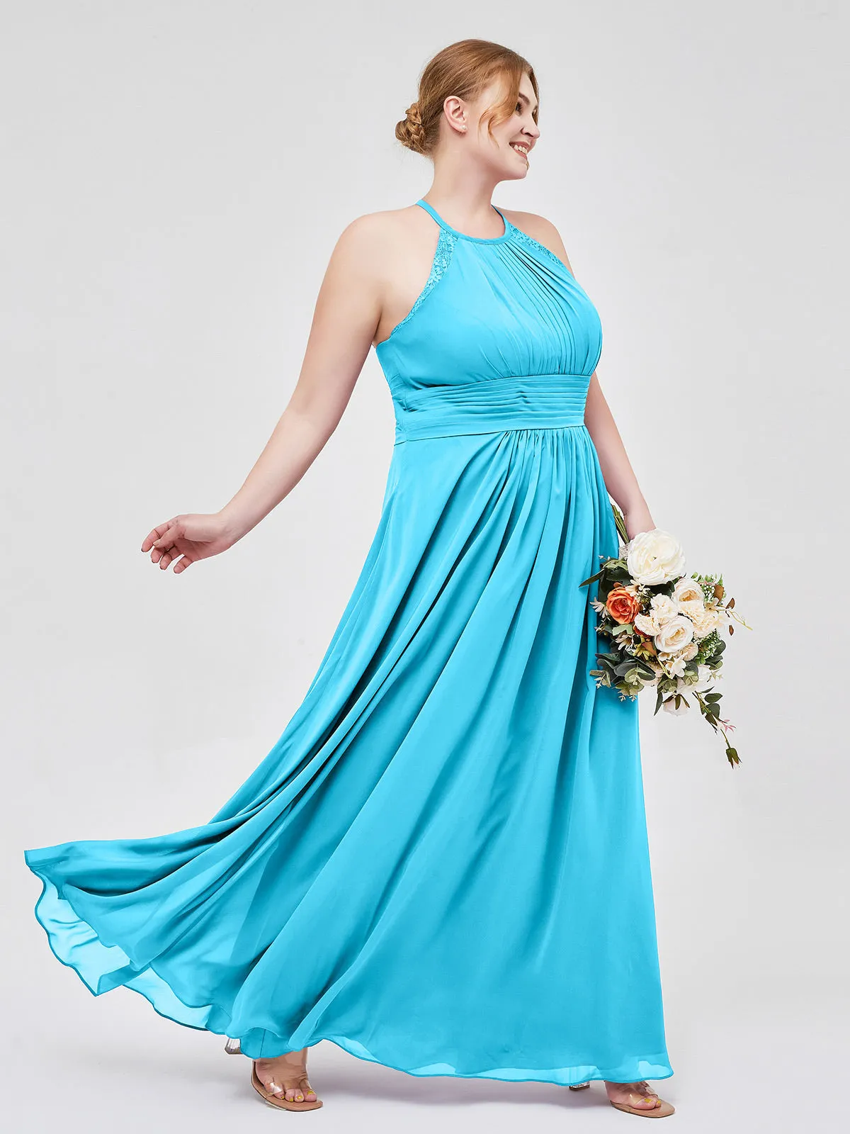 Halter Chiffon Long Gown With Lace Strap Pool