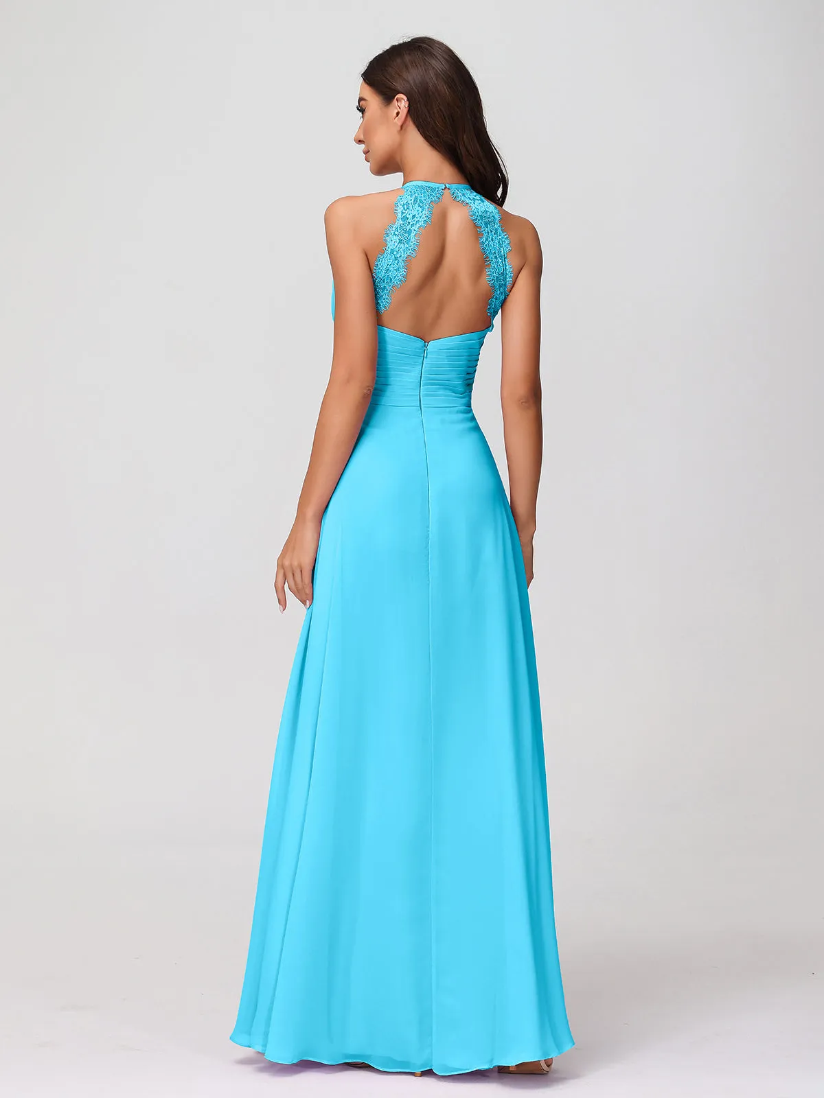 Halter Chiffon Long Gown With Lace Strap Pool