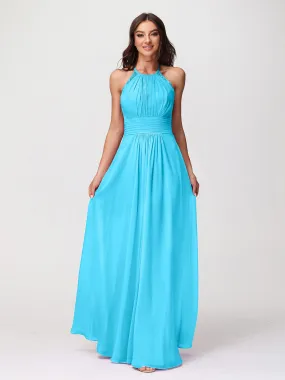Halter Chiffon Long Gown With Lace Strap Pool