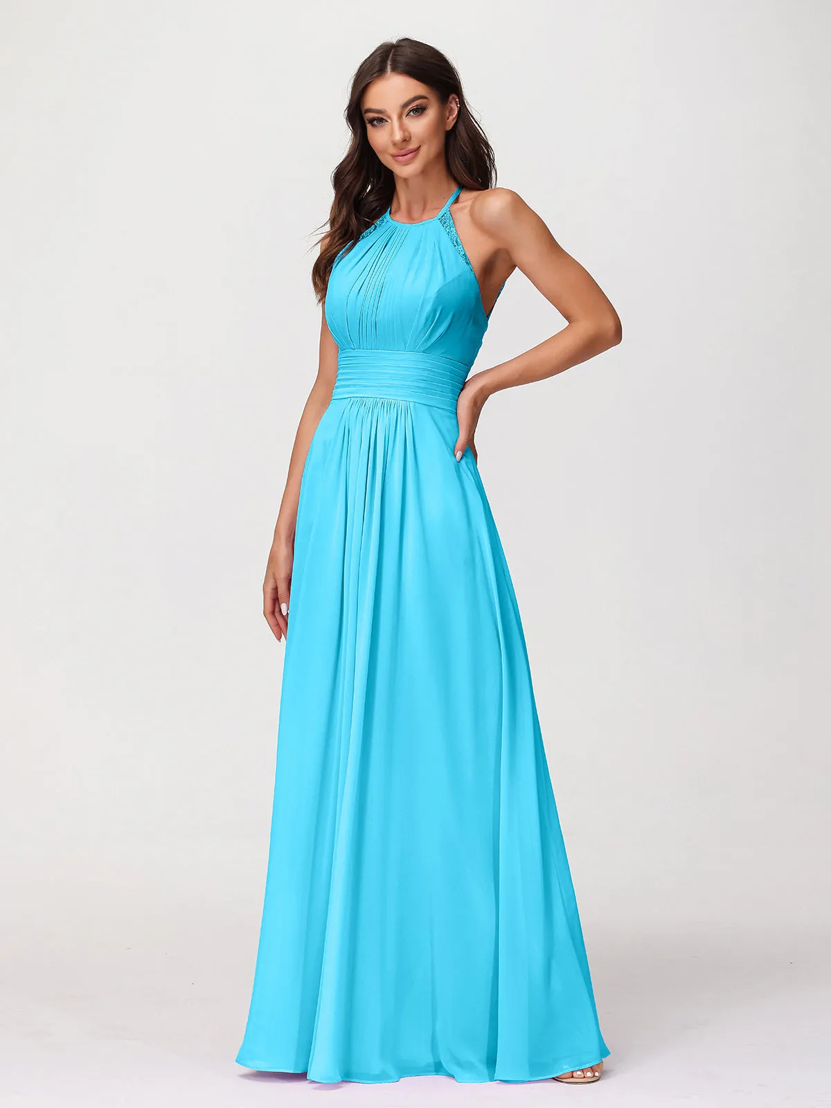 Halter Chiffon Long Gown With Lace Strap Pool