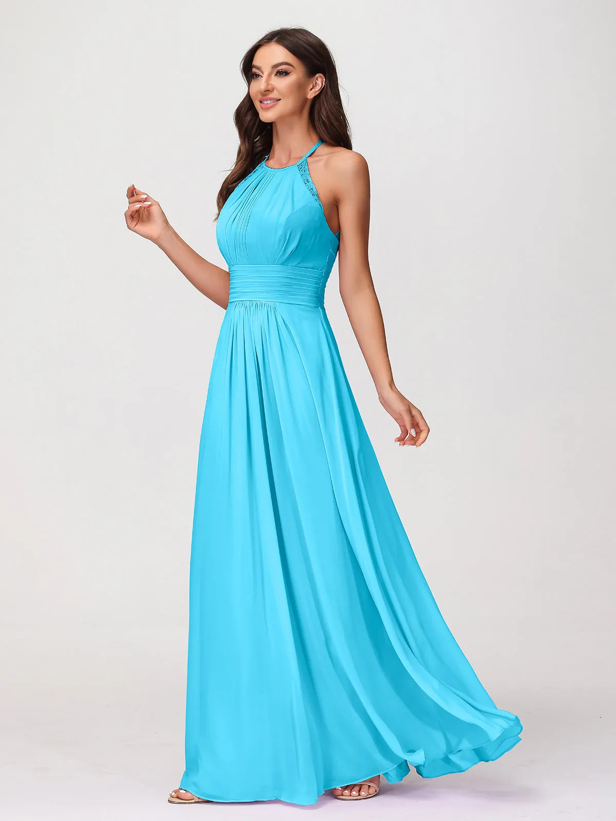 Halter Chiffon Long Gown With Lace Strap Pool