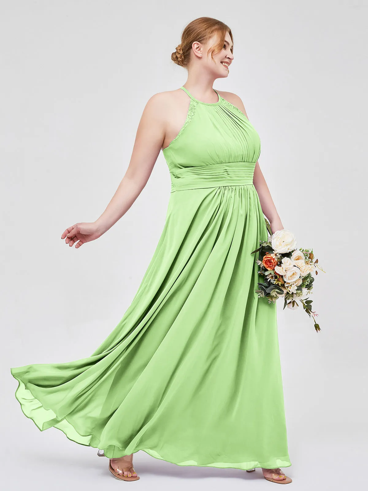 Halter Chiffon Long Gown With Lace Strap Sage