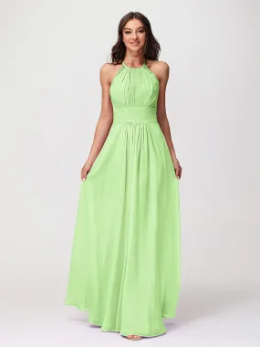 Halter Chiffon Long Gown With Lace Strap Sage