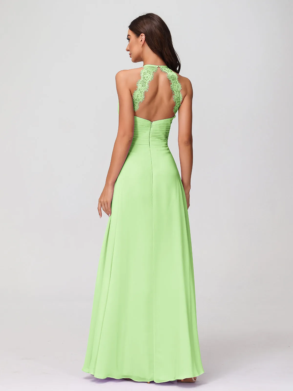 Halter Chiffon Long Gown With Lace Strap Sage