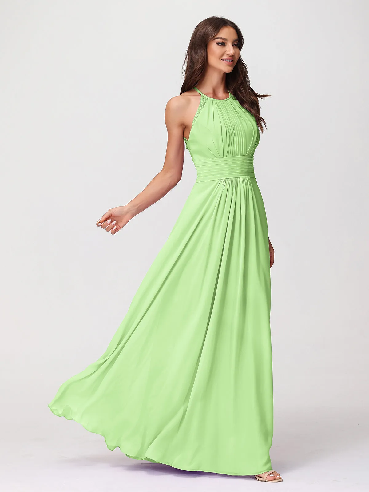 Halter Chiffon Long Gown With Lace Strap Sage