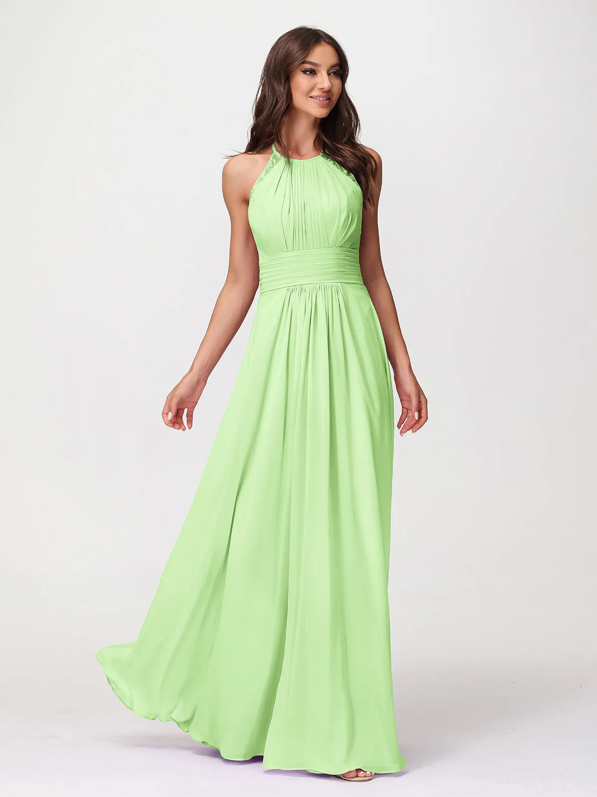 Halter Chiffon Long Gown With Lace Strap Sage