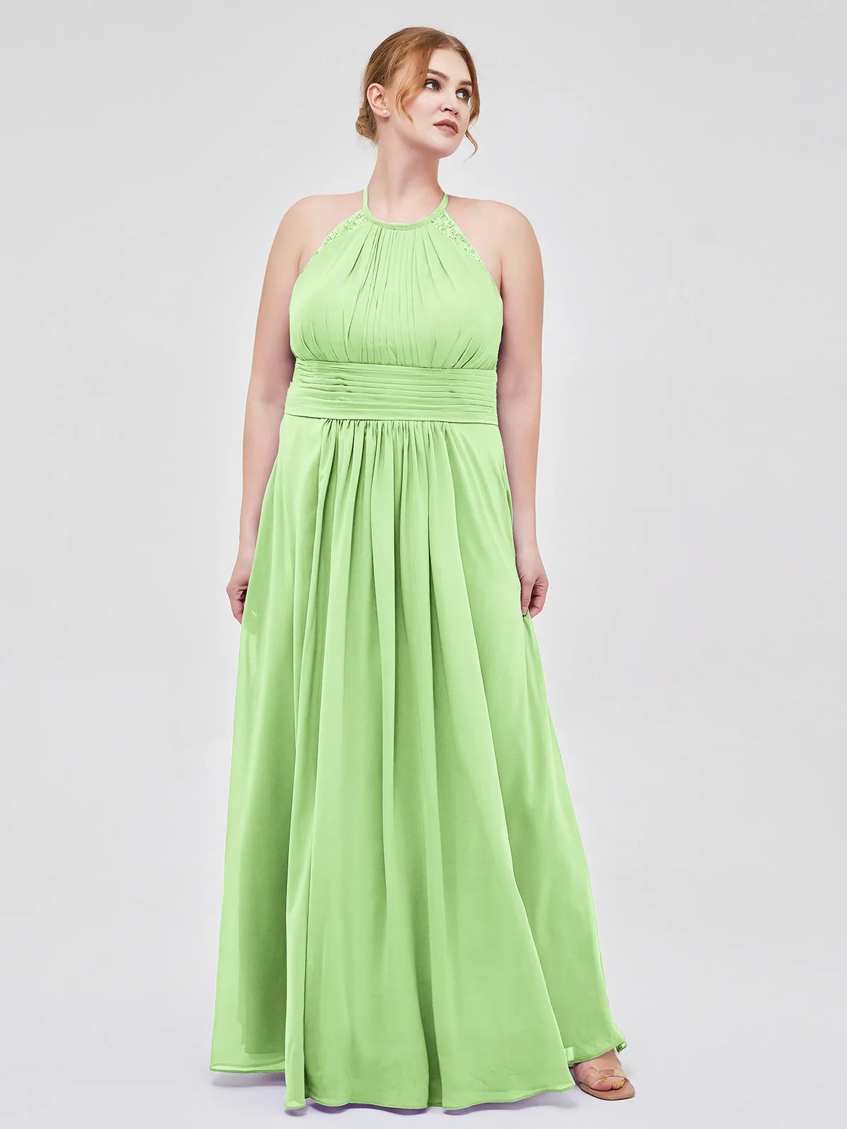 Halter Chiffon Long Gown With Lace Strap Sage