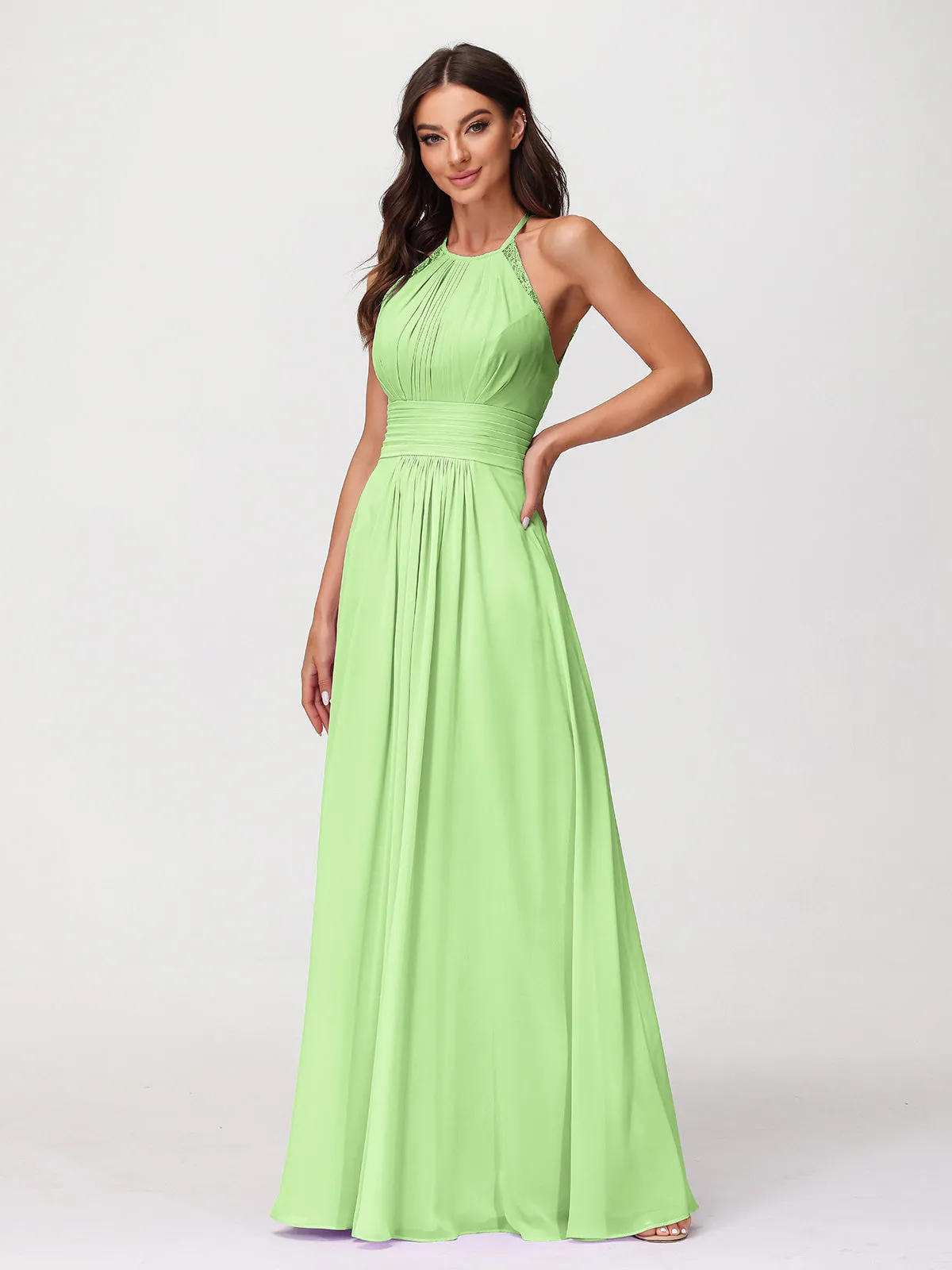 Halter Chiffon Long Gown With Lace Strap Sage