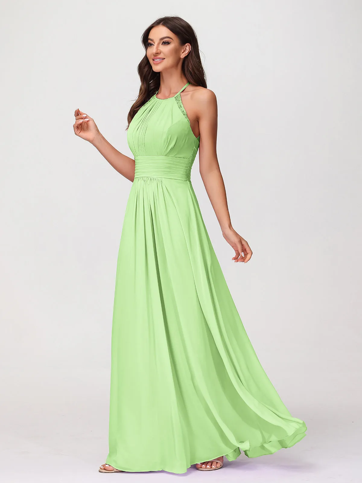 Halter Chiffon Long Gown With Lace Strap Sage