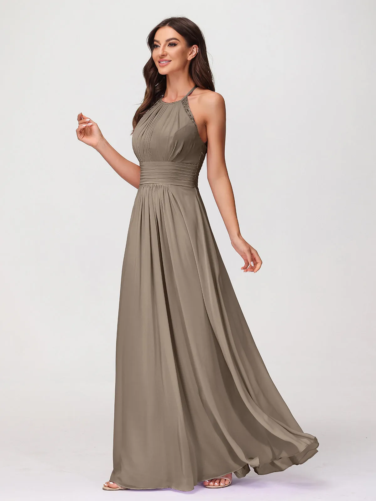 Halter Chiffon Long Gown With Lace Strap Taupe