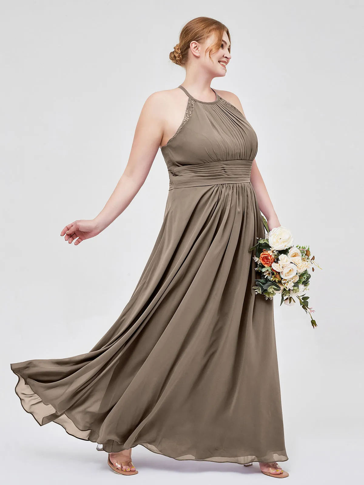 Halter Chiffon Long Gown With Lace Strap Taupe