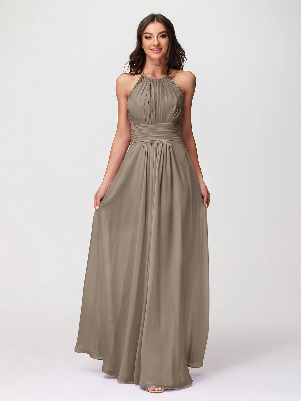 Halter Chiffon Long Gown With Lace Strap Taupe
