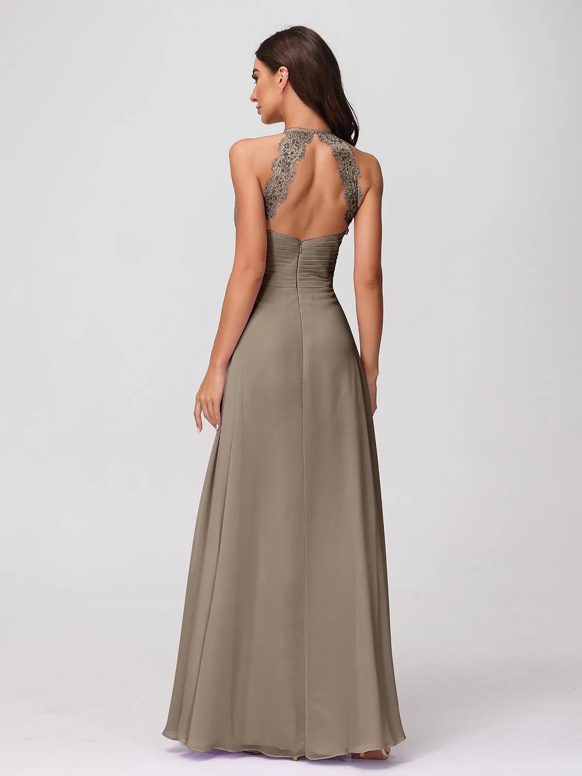 Halter Chiffon Long Gown With Lace Strap Taupe