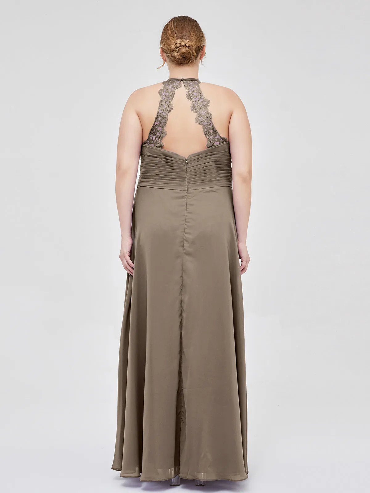 Halter Chiffon Long Gown With Lace Strap Taupe