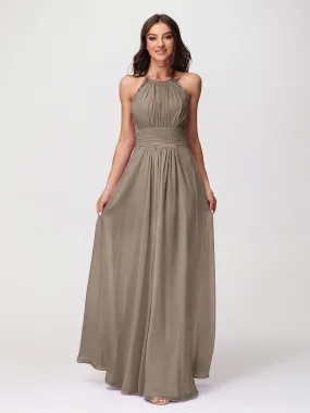 Halter Chiffon Long Gown With Lace Strap Taupe