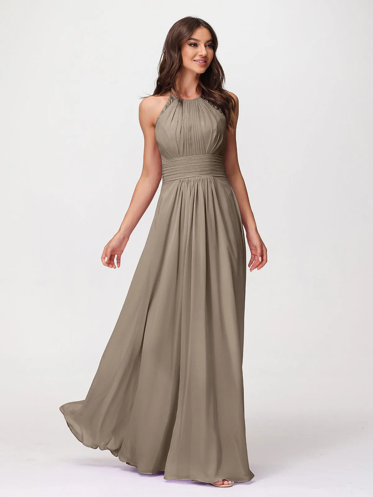 Halter Chiffon Long Gown With Lace Strap Taupe